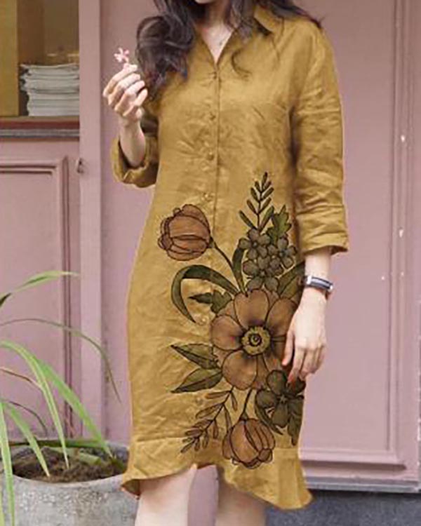 Floral Loose Irregular Long Sleeve Lapel Dress