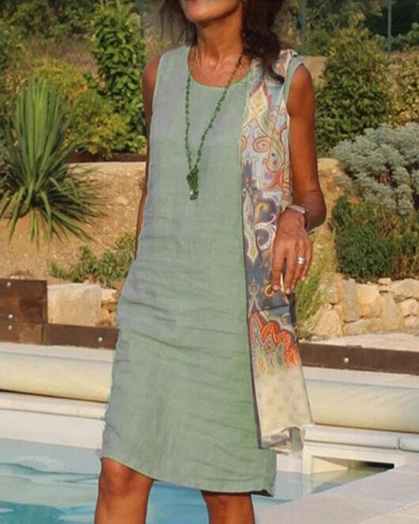 Round Neck Short Sleeve Cotton And Linen Dress