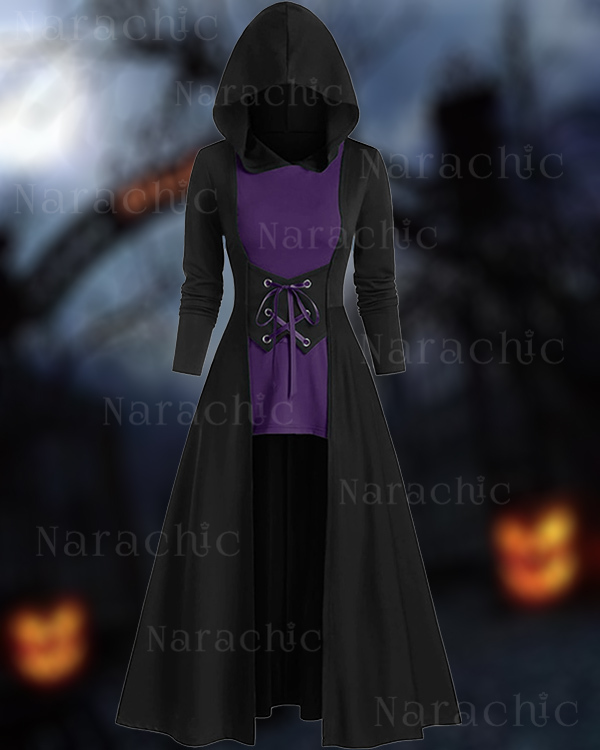 Halloween Midi Tie-Up Contrast Cape Long Sleeve Dress