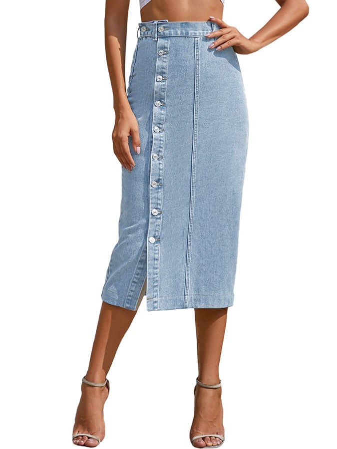Stylish and versatile button irregular split denim skirt