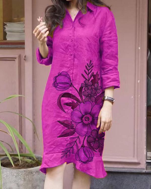 Floral Loose Irregular Long Sleeve Lapel Dress