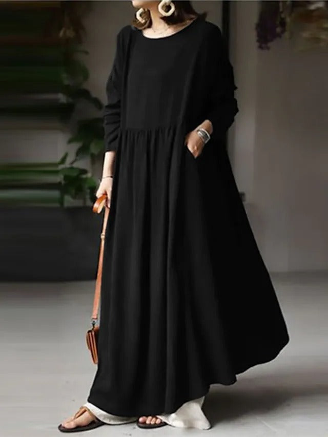 Women's Linen Casual Solid Patchwork Crew Neck Boho Loose Long Sleeve Maxi Dress