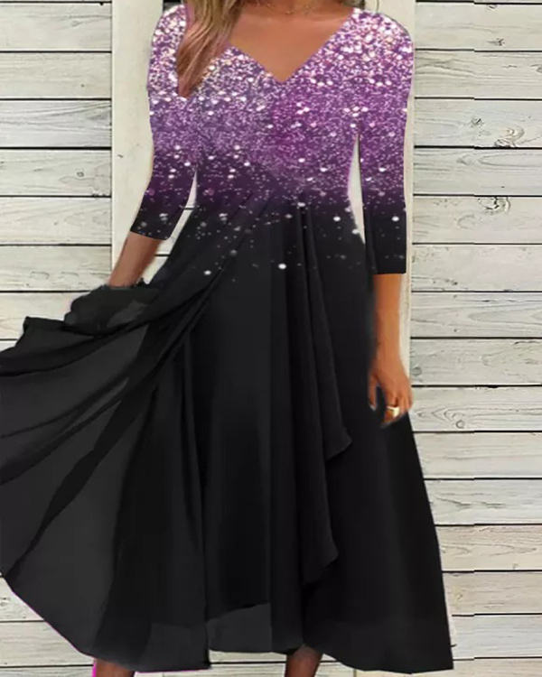 Elegant Print V-Neck Long Sleeve Dress