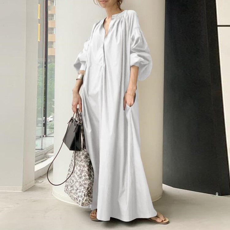 Women Collar V-Neck Puff Sleeve Solid Casual Maxi Dress