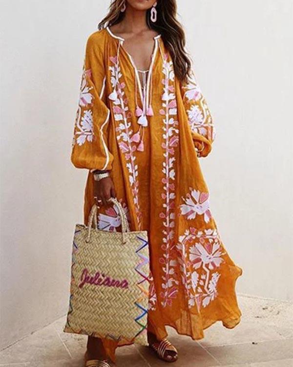 Plus Size Dress Balloon Sleeves Boho Printed Maxi Dresses