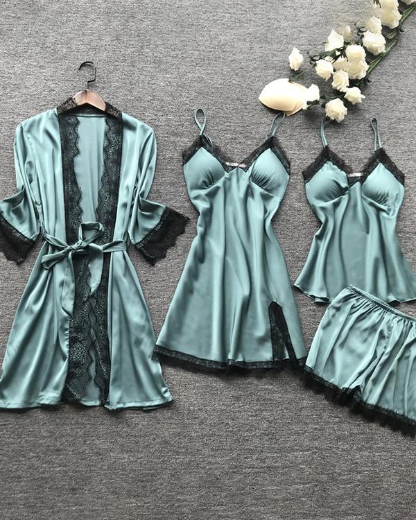 Satin Lace Trim 5PCS Sleepwear Sets