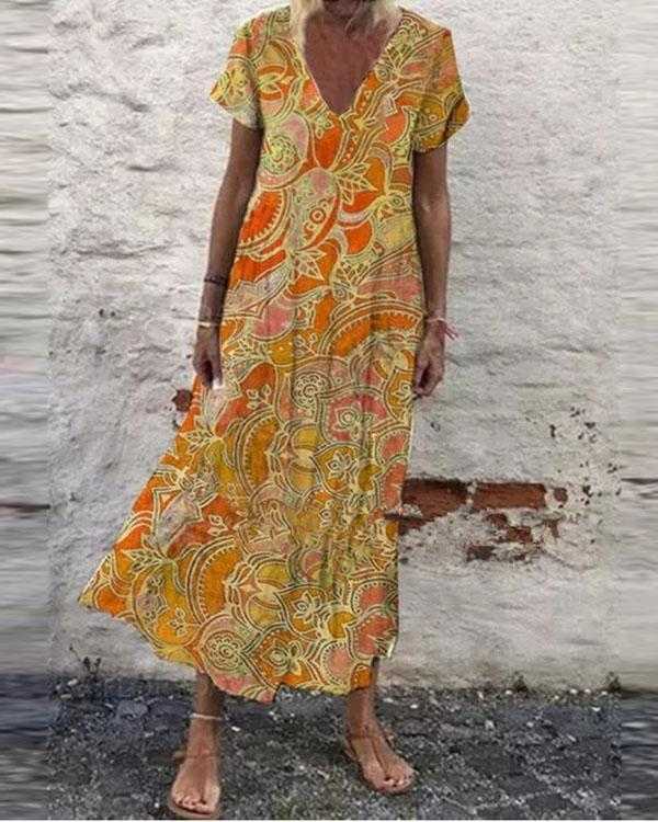 Boho Floral V-Neckline Short Sleeve Maxi Dress