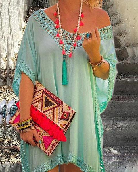 Women Summer Plus Size Dress Boho Solid Half Sleeve Vacation Dress