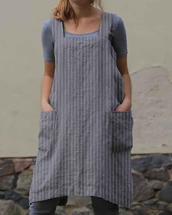 Stripe Print Double Pockets Apron Linen Dress